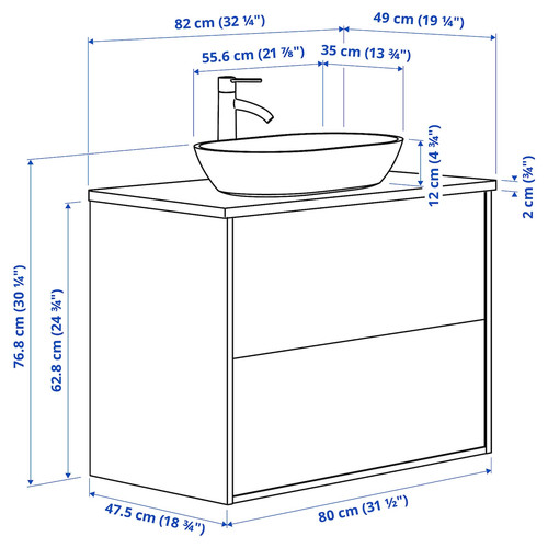 ÄNGSJÖN / OXMYREN Wash-stnd w drawers/wash-basin/tap, brown oak effect/black marble effect, 82x49x77 cm