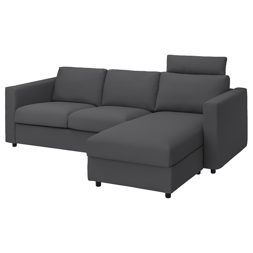 VIMLE Cover 3-seat sofa w chaise longue, with headrest, Hallarp grey