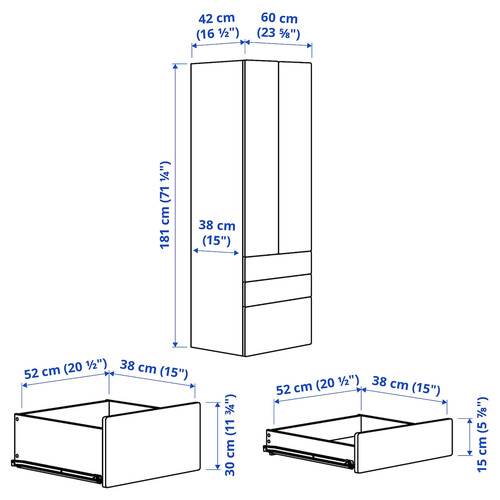 SMÅSTAD / PLATSA Wardrobe, white lilac/with 3 drawers, 60x42x181 cm