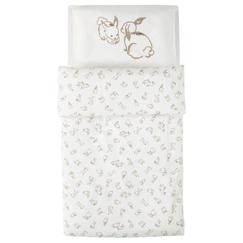 RÖDHAKE Quilt cover/pillowcase for cot, rabbit pattern, white/beige, 110x125/35x55 cm