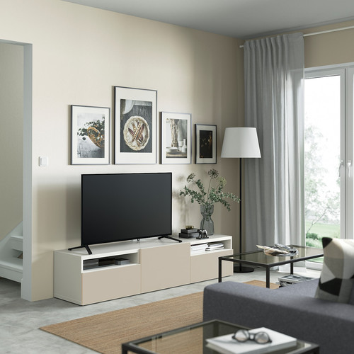 BESTÅ TV bench with drawers and door, white, Lappviken light grey/beige, 180x42x39 cm