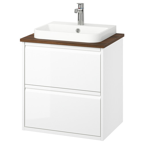 ÄNGSJÖN / BACKSJÖN Wash-stnd w drawers/wash-basin/tap, high-gloss white/brown walnut effect, 62x49x71 cm