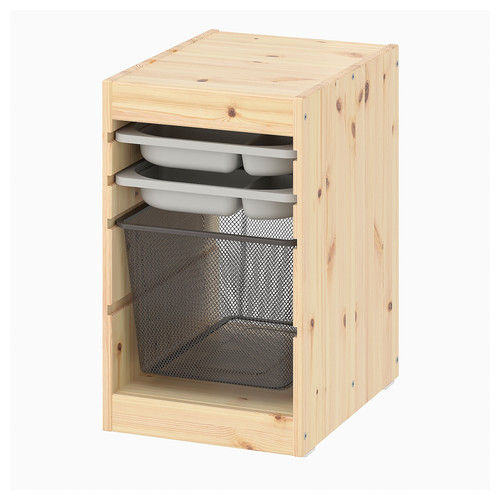 TROFAST Storage combination with box/trays, light white stained pine grey/dark grey, 32x44x52 cm