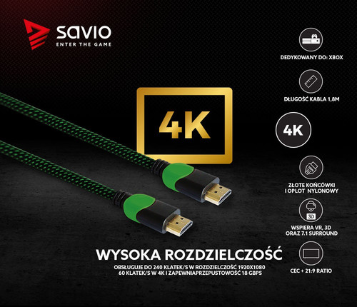 Savio HDMI Cable Ultra HD 4K GCL-03 v2.0 1.8m, braid green