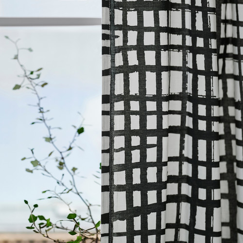 GRÖNKATTFOT Curtains, 1 pair, white/black, 145x300 cm