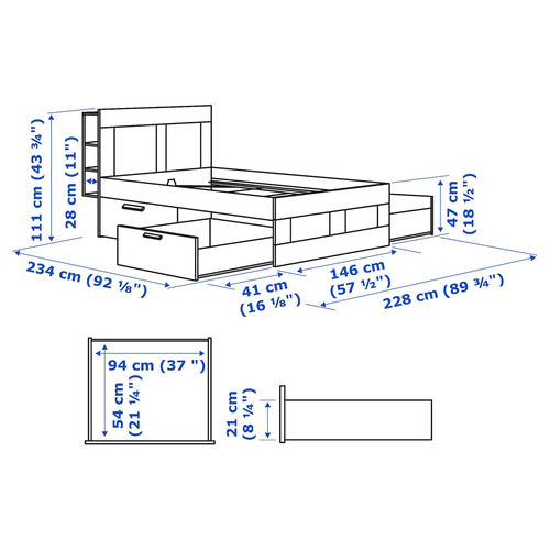 BRIMNES Bed frame w storage and headboard, white, Leirsund, 140x200 cm