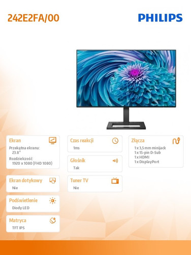 Philips 23.8" Full HD LCD Monitor 242E2FA IPS HDMI DP Speakers