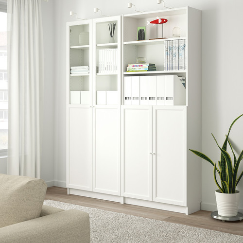 BILLY / OXBERG Bookcase with panel/glass doors, white, 160x30x202 cm