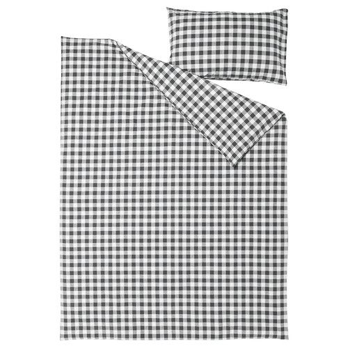 EKTANDVINGE Duvet cover and pillowcase, anthracite white/check, 150x200/50x60 cm