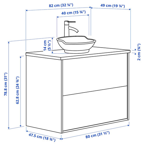 TÄNNFORSEN/VÄSTERSJÖN Wash-stnd w drawers/wash-basin/tap, white/black marble effect, 82x49x79 cm