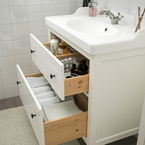 HEMNES / RÄTTVIKEN Bathroom furniture, set of 5, white, Runskär tap, 82 cm