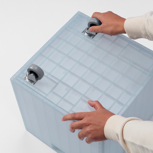 PANSARTAX Box with castors and lid, transparent grey-blue, 33x33x16.5 cm