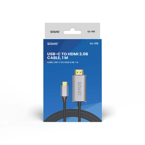 Savio Cable CL-170 HDMI 2.0B - USB-C v3.1, 1m, silver-black, golden tips