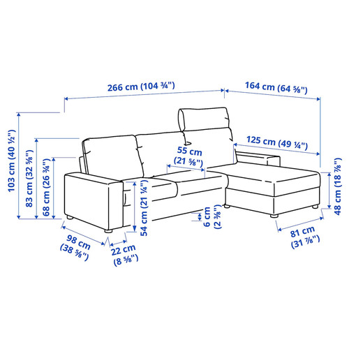 VIMLE 3-seat sofa with chaise longue, with wide armrests with headrest/Hallarp beige