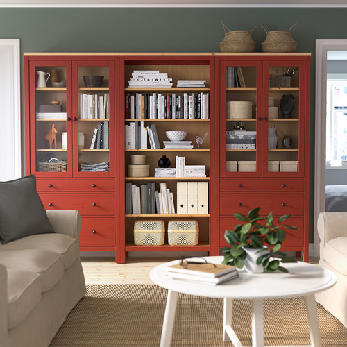 HEMNES Storage combination w doors/drawers, red stained/light brown stained, 270x197 cm