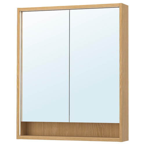 FAXÄLVEN Mirror cabinet w built-in lighting, oak effect, 80x15x95 cm