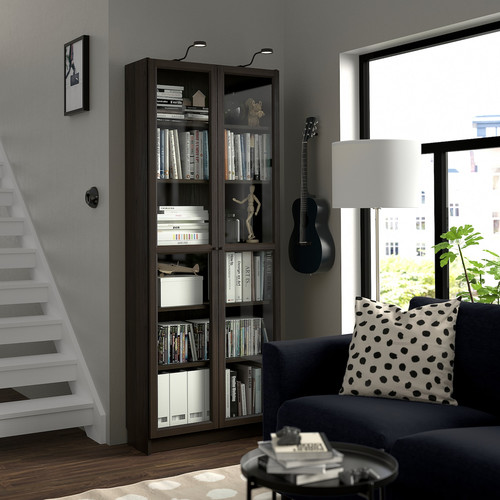 BILLY / OXBERG Bookcase w glass doors, dark brown oak effect, 80x30x202 cm