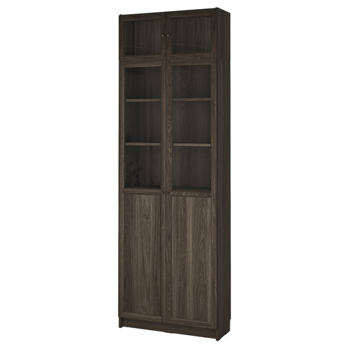 BILLY/OXBERG Bookcase with glass doors, dark brown oak effect/clear glass, 80x30x237 cm