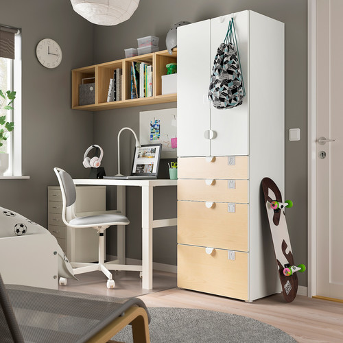 SMÅSTAD / PLATSA Wardrobe, white/birch with 4 drawers, 60x57x181 cm