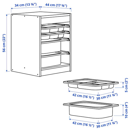 TROFAST Storage combination w boxes/trays, grey/white, 34x44x56 cm