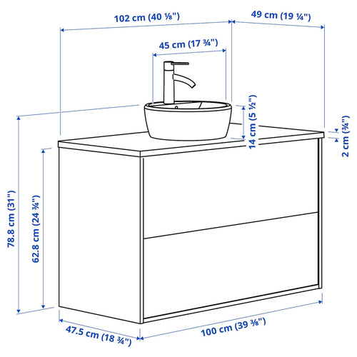 HAVBÄCK / TÖRNVIKEN Wash-stnd w drawers/wash-basin/tap, dark grey/black marble effect, 102x49x79 cm