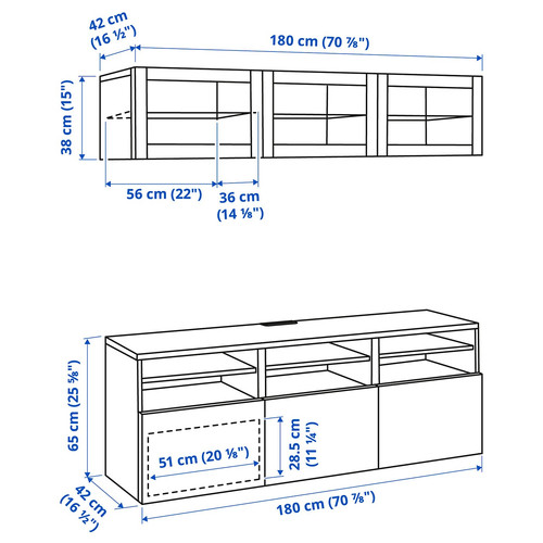 BESTÅ TV storage combination/glass doors, white stained oak effect/Lappviken white stained oak eff clear glass, 180x42x192 cm