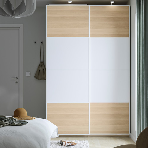 PAX / MEHAMN Wardrobe, white double sided/white white stained oak effect, 150x66x236 cm