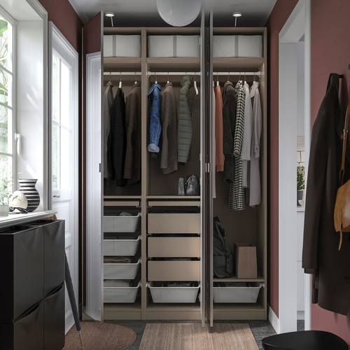 PAX / ÅHEIM Wardrobe combination, grey-beige/mirror glass, 150x60x236 cm