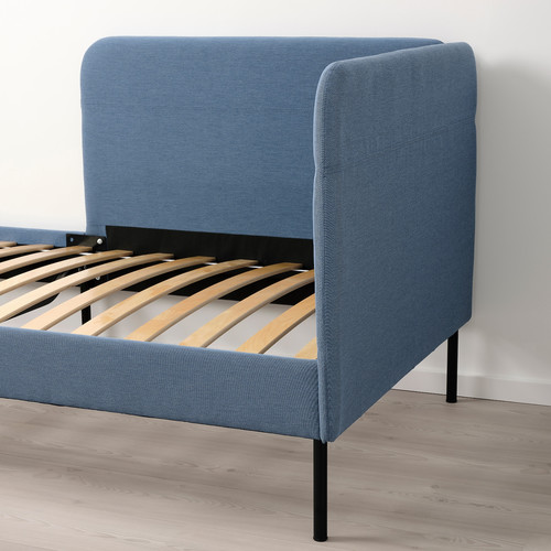 BLÅKULLEN Uph bed frame with corner headboard, Knisa medium blue, 90x200 cm