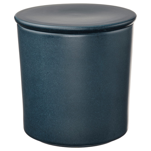FRUKTSKOG Scented candle in ceramic jar w lid, Vetiver & geranium/black-turquoise, 60 hr