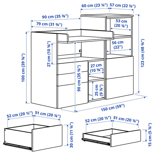 SMÅSTAD / PLATSA Changing table, white grey/with bookcase, 150x79x123 cm