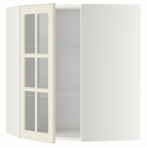 METOD Corner wall cab w shelves/glass dr, white/Bodbyn off-white, 68x80 cm