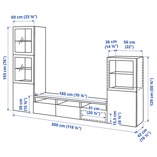 BESTÅ TV storage combination/glass doors, black-brown Sindvik/Lappviken light grey/beige, 300x42x193 cm