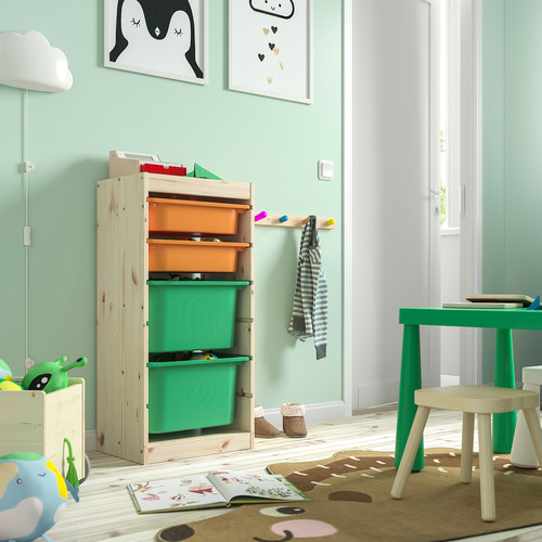 TROFAST Storage combination with boxes, light white stained pine/light orange bright green, 44x30x91 cm