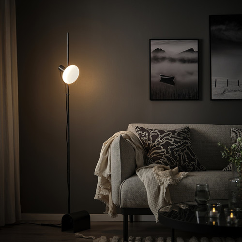 HÅRSLINGA / MOLNART Floor lamp with light bulb, black/donut-shaped opal white