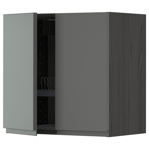 METOD Wall cabinet w dish drainer/2 doors, black/Voxtorp dark grey, 60x60 cm