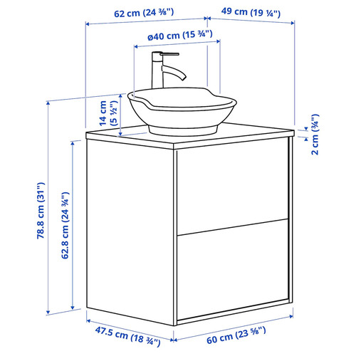 TÄNNFORSEN/VÄSTERSJÖN Wash-stnd w drawers/wash-basin/tap, light grey/black marble effect, 62x49x79 cm