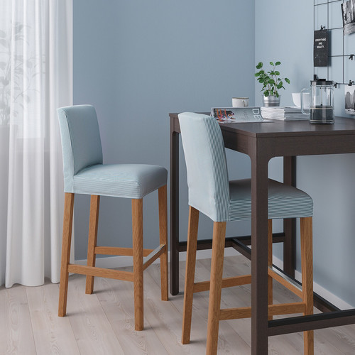 BERGMUND Bar stool with backrest, oak/Rommele dark blue/white, 75 cm
