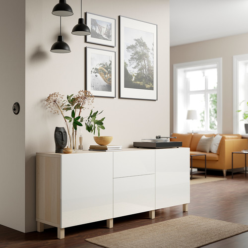 BESTÅ Storage combination with drawers, white stained oak effect/Selsviken/Stubbarp high-gloss/white, 180x42x74 cm