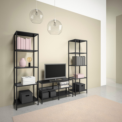 VITTSJÖ TV storage combination, black-brown/glass, 202x36x175 cm