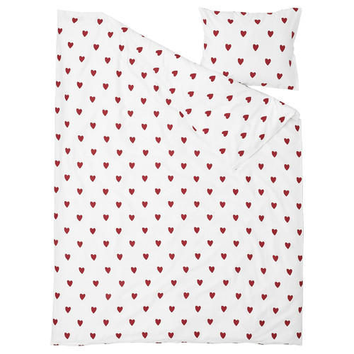 BARNDRÖM Duvet cover and pillowcase, heart pattern/white red