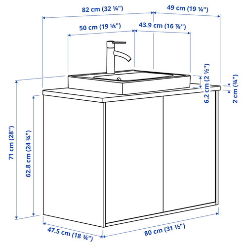 HAVBÄCK / ORRSJÖN Wash-stnd w doors/wash-basin/tap, beige/black marble effect, 82x49x71 cm