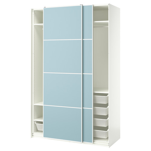 PAX / MEHAMN Wardrobe with sliding doors, white/double sided light blue, 150x66x236 cm