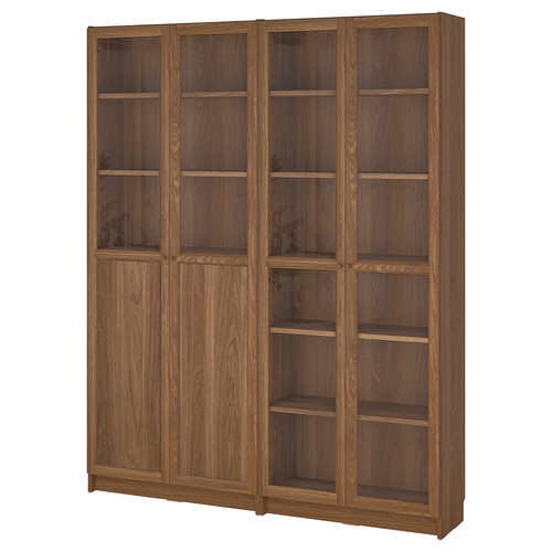 BILLY / OXBERG Bookcase with panel/glass doors, brown walnut effect/clear glass, 160x30x202 cm