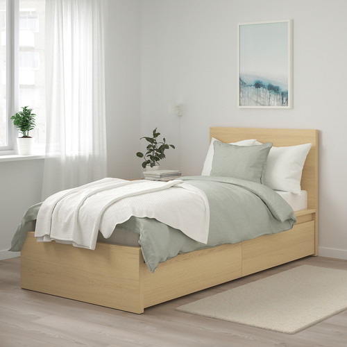 MALM Bed frame, high, with 2 storage boxes, white stained ooak effect, Lönset, 90x200 cm