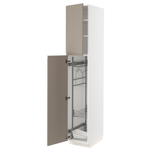 METOD High cabinet with cleaning interior, white/Upplöv matt dark beige, 40x60x220 cm