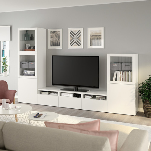 BESTÅ TV storage combination/glass doors, white/Lappviken white clear glass, 300x42x193 cm