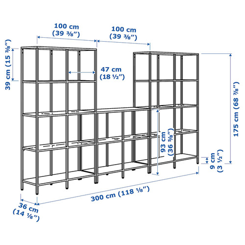 VITTSJÖ Storage combination, black-brown/glass, 300x36x175 cm