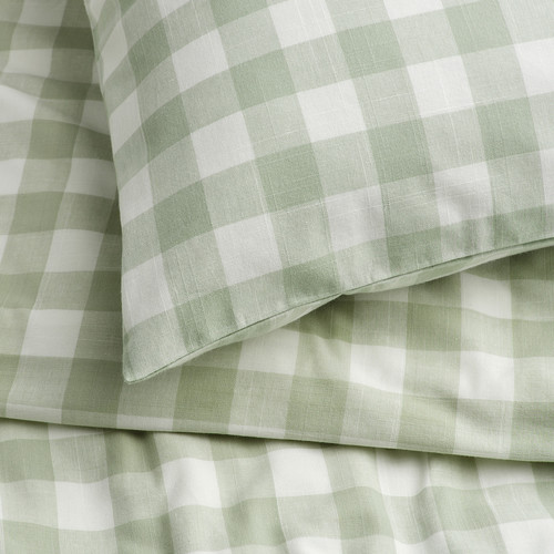 EKTANDVINGE Duvet cover and 2 pillowcases, pale grey-green white/check, 200x200/50x60 cm