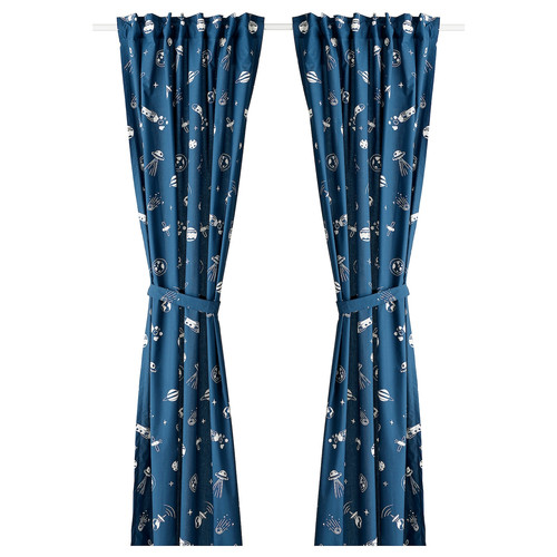 AFTONSPARV Curtains with tie-backs, 1 pair, space blue/white, 120x300 cm
